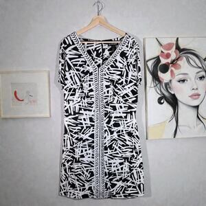 Lane Bryant Women's 18/20 Black & White Geometric A-Line S/S Knee Length Dress